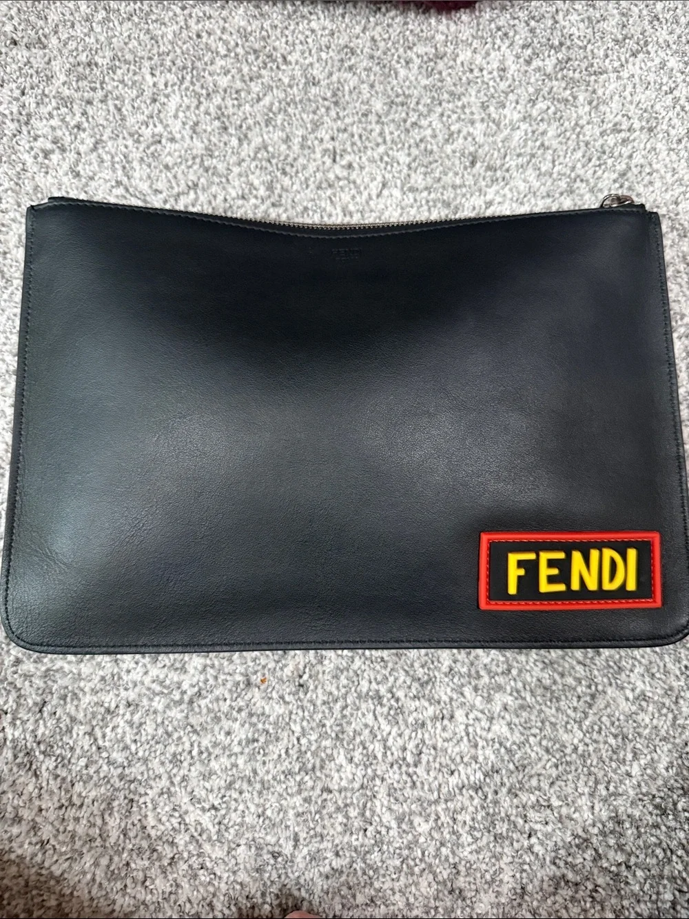 Fendi LOVE Patch Black Leather Zip Clutch with Blue Lettering